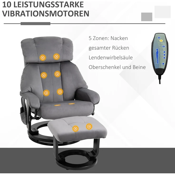 HOMCOM Massagesessel Fernsehsessel, Hocker, aus Kunstleder, Kann sitzen, um 360° drehen (Relaxliege, 2-St, Massagestuhl), für Wohnbereich, Grau – Bild 4
