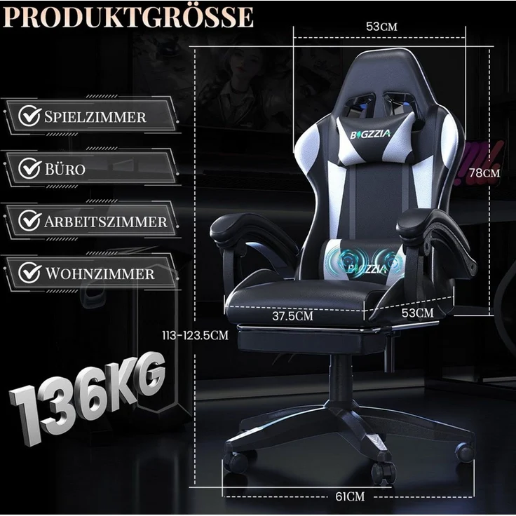 ZAISZE Gaming-Stuhl Schreibtischstuhl, Ergonomischer Bürostuhl mit Massagefunktion (PC Stuhl mit Fußstütze Kopfstütze Lendenkissen), Höhenverstellung Neigung 90°- 135°, für Gaming Arbeit Entspannung – Bild 2