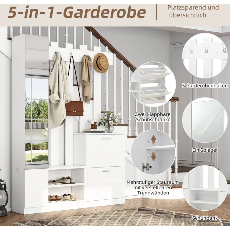 135*25*180cm Garderoben-Set mit Spiegel, Flurschrank, Hängeschrankregal, Kompaktgarderobe, Mit 2 unteren Klapptüren-Schuhschränken + 2 Aufbewahrungsschränke, Geeignet für Türöffnungen, Flure,Weiß – Bild 4