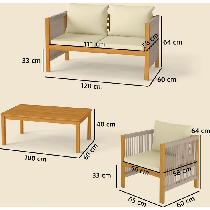 MELAYR, Gartenmöbel Set Holz Sitzgruppe für 4 Personen mit 2er Sofa 2 Sessel Tisch Seilflecht, 120 x 60 x 64 cm, Beige – Bild 5
