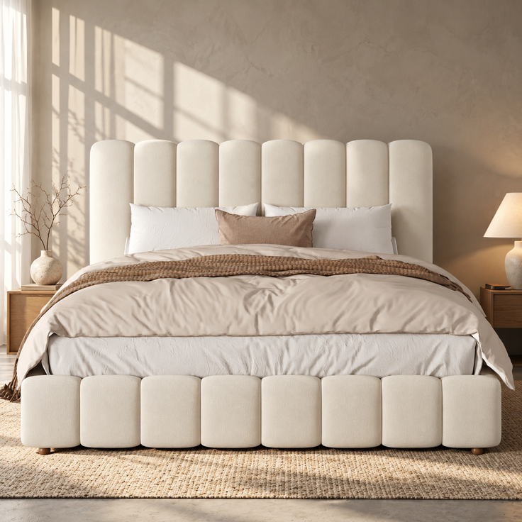 Merax Polsterbett, Doppelbett, 200*200cm, Bett mit Lattenrost und gepolstertes Kopfteil, Beine aus Massivholz, beige, samt – Bild 3