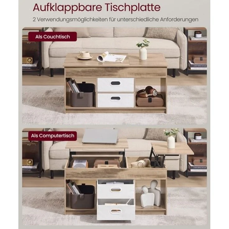 VASAGLE Couchtisch höhenverstellbar, Wohnzimmertisch, 2 Schubladen, versteckte Fächer, Kaffeetisch, offener Stauraum, braun-weiß – Bild 2