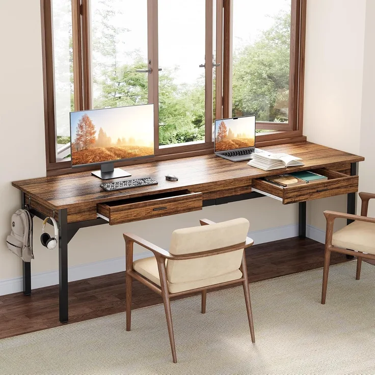 LITTLE TREE Schreibtisch Computertisch 200 cm, großer Schreibtisch aus Industriell Holz und Metall als Bürotisch Arbeitstisch für 2 Personen, ideal für Homeoffice oder Wohnzimmer, Rustikales Braun