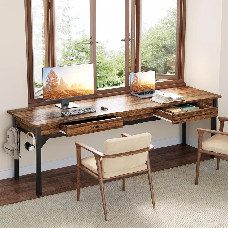 LITTLE TREE Schreibtisch Computertisch 200 cm, großer Schreibtisch aus Industriell Holz und Metall als Bürotisch Arbeitstisch für 2 Personen, ideal für Homeoffice oder Wohnzimmer, Rustikales Braun – Bild 1