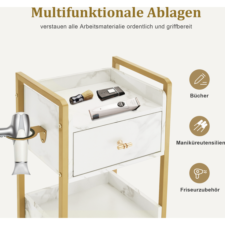 M MCombo Servierwagen mit Rollen & 3 Schubladen, Friseurwagen Rollwagen, Salon Trolley mit 2 Ablagen & Föhnhalter, Moderner Arbeitswagen für Bad Wohnzimmer, 30x40x95cm, 0022 (Weiß-Gold) – Bild 4