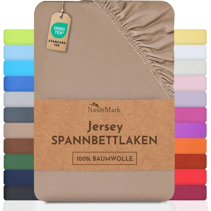 NatureMark Jersey Spannbettlaken, Spannbetttuch 100% Baumwolle in vielen Größen und Farben MARKENQUALITÄT ÖKOTEX Standard 100 | 200x220 cm +40 Steg - Sand/beige