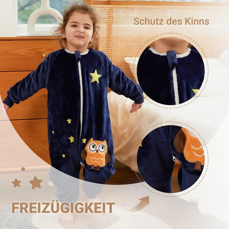XQ&XG Baby Schlafsack mit Füßen 2.0 Tog,Kinderschlafsack mit langen Ärmeln,Schlafsack Kinder mit Beinen für mädchen und Junge,Eule,130 – Bild 6