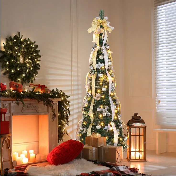 VINGLI Künstlicher Weihnachtsbaum mit Lichtern, Weihnachtsdeko mit Metallständer, für innen & Außen, Pop-Up Tannenbaum 180 cm – 150 Warmweiße LEDs mit 8 Modi