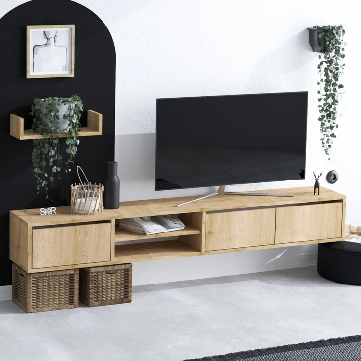 Calicosy TV-Schrank 3 Türen 2 Fächer Eiche Saphir Dekor L180 cm - HEKA - Helles Holz – Bild 2