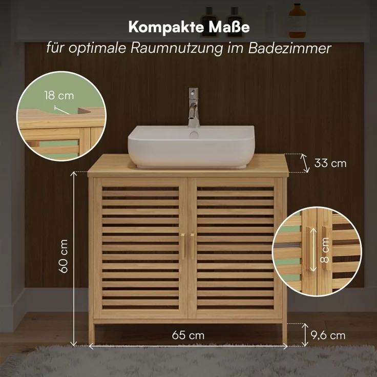 Bellamio 'Newa' Badezimmer Waschbeckenunterschrank, Bambus, natur, 60x33x65 cm, Badezimmerschrank mit 2 Ablagefächern – Bild 6