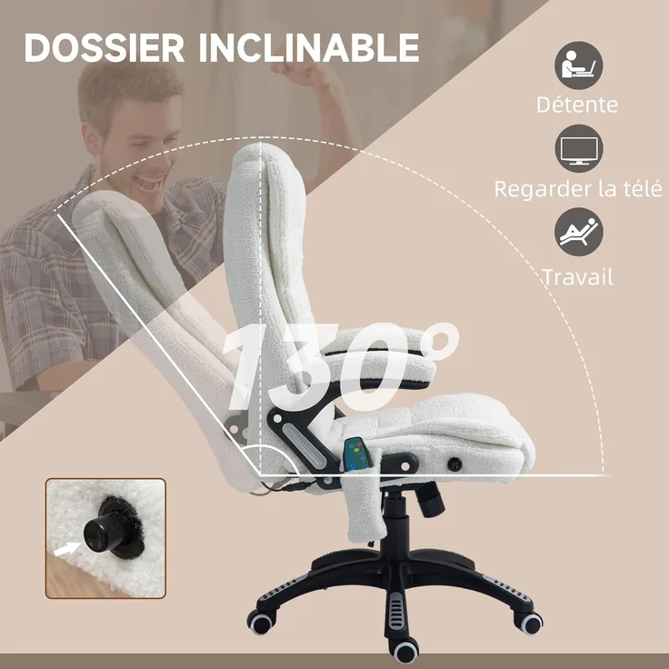 Vinsetto Bürostuhl, Massagesessel, beheizt, Bürostuhl, ergonomischer Stuhl mit Verstellbarer Höhe, neigbare Rückenlehne und Fernbedienung, kabelgebunden, 360° drehbar, Polyestergewebe, Weiß – Bild 7