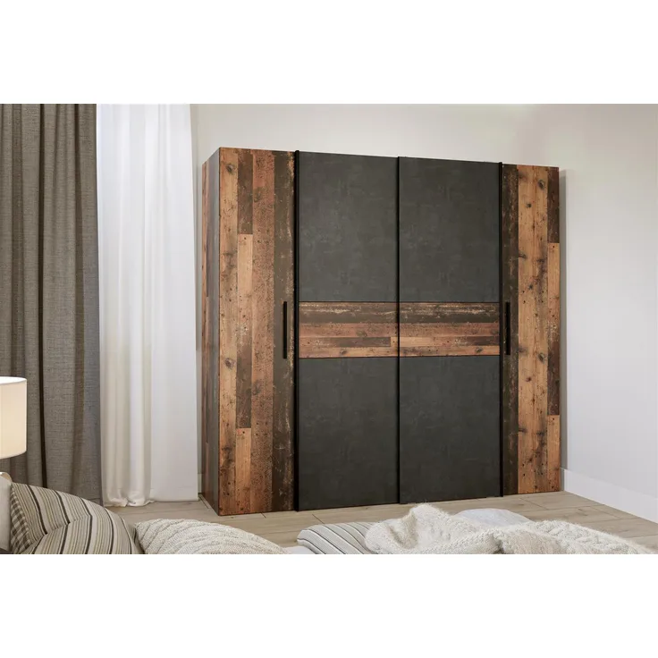 Kleiderschrank >Kaleb< in Old Wood Vintage - 200.1x190.5x61.6cm (BxHxT)