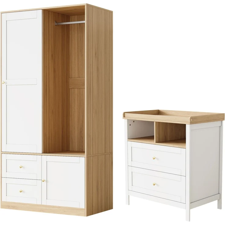 CHICFURN Kleiderschrank-Wickeltisch-Set mit Schiebetüren, Schubladen und abnehmbarem Schutzgitter Natur+Weiß 90x50x180 cm – Bild 6