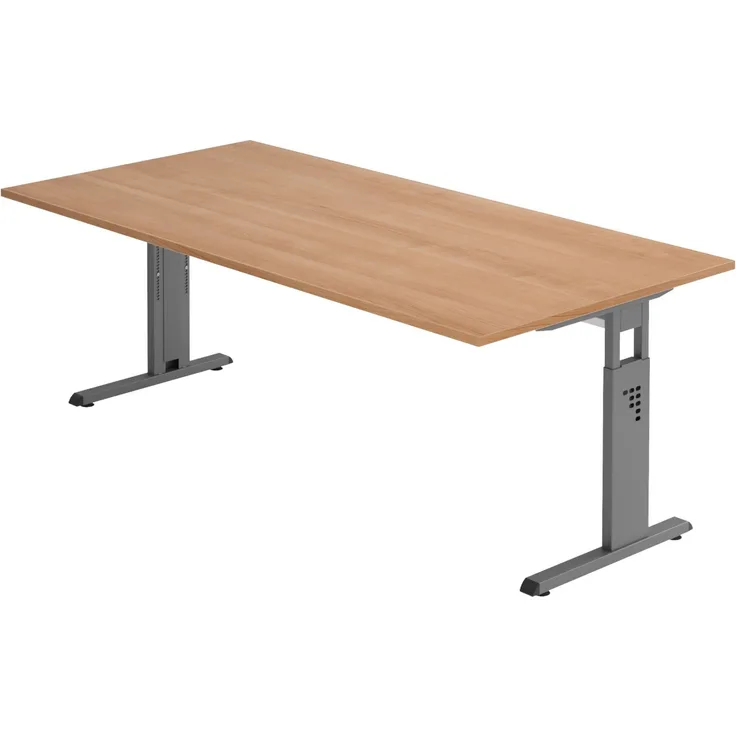 bümö höhenverstellbarer Schreibtisch O-Serie 200x100 cm in Nussbaum, Gestell in Graphit - großer PC Tisch für's Büro manuell höhenverstellbar, Computertisch verstellbar, OS-2E-N-G