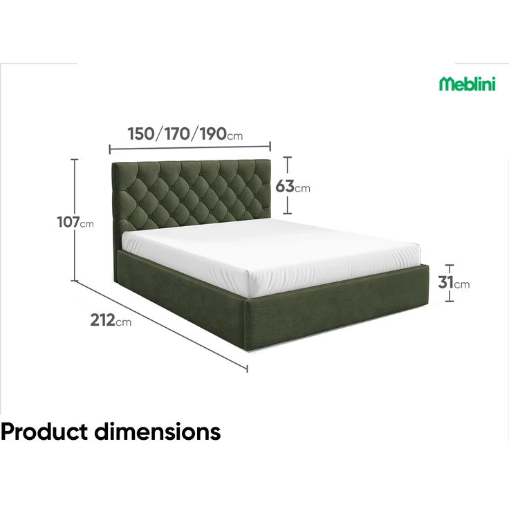MEBLINI Polsterbett 180x200 mit Lattenrost ohne Matratze – BALEARO – Grün Samt – Doppelbett mit Bettkasten - Stauraumbett - Kopfteil Bett mit Stauraum – Bild 7