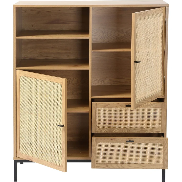 Casâme 'JAYA' Hohe Buffetschrank mit Rattanfronten - L100 x H120 cm - Helles Holz – Bild 3