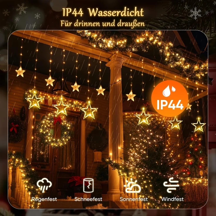 Salcar LED-Lichterkette LED Sterne 2m 160 LED Lichtervorhang Weihnachten Lichterkette Außen, 2m 160 LED Warmweiß, 8 Modi, Timer und Memory – Bild 4
