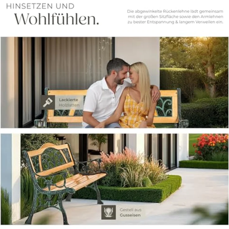 tectake Gartenbank Sitzbank Kathi 2-Sitzer aus Holz und Gusseisen 124x60x83cm, 2-Sitzer – Bild 8