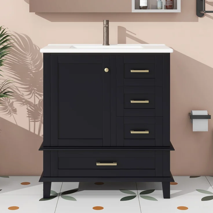 76x46x83,5cm schlichter Badezimmerschrank, komplett lackiert, Türregal, drei geräuschlose Schubladen, verstellbare Regale, integriertes Keramikwaschbecken, Schwarz – Bild 4