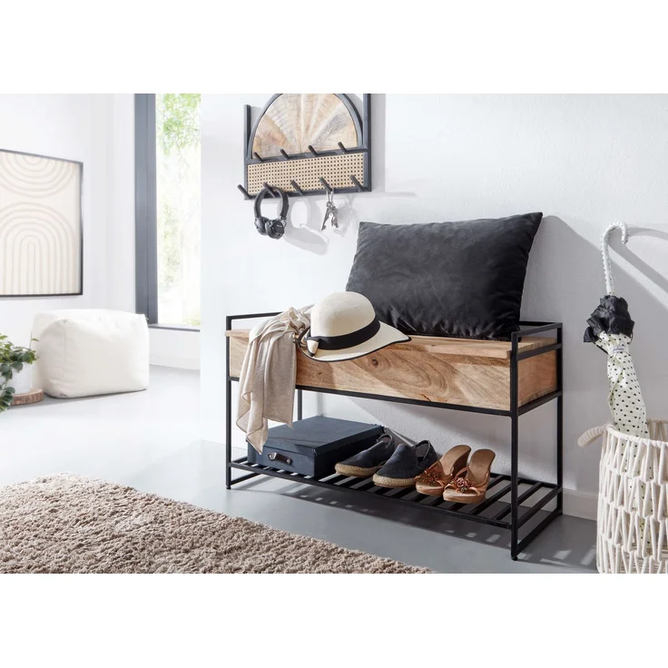 Sitzbank mit Stauraum Mango Massivholz Metall Braun 90x52x38cm Schuhregal Flurbank – Bild 6