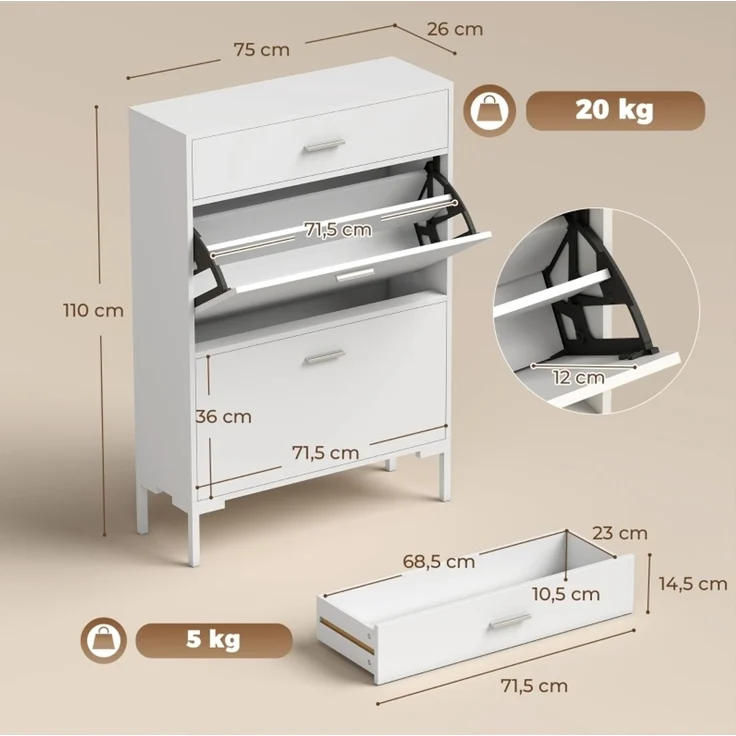 DESVIAE Garderobenschrank Schuhschrank Weiß aus MDF/Metall – 75x110x26 cm – 2 Klappfächer, Schublade – Bild 7
