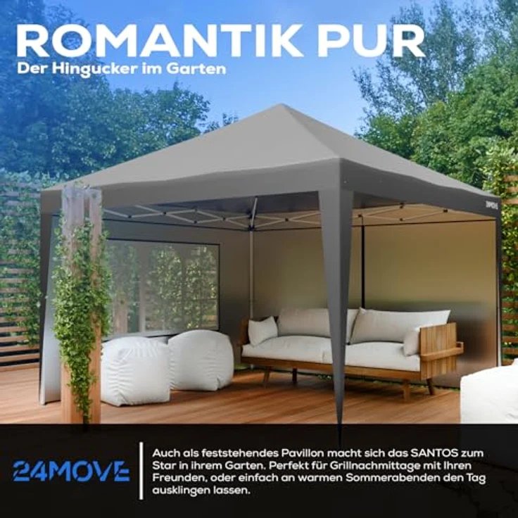 24Move Pavillon Faltpavillon SANTOS, 3x3M grau, klappbar, höhenverstellbar, wasserdicht, UV-Schutz, inkl. Tasche und 8 Heringen – Bild 3