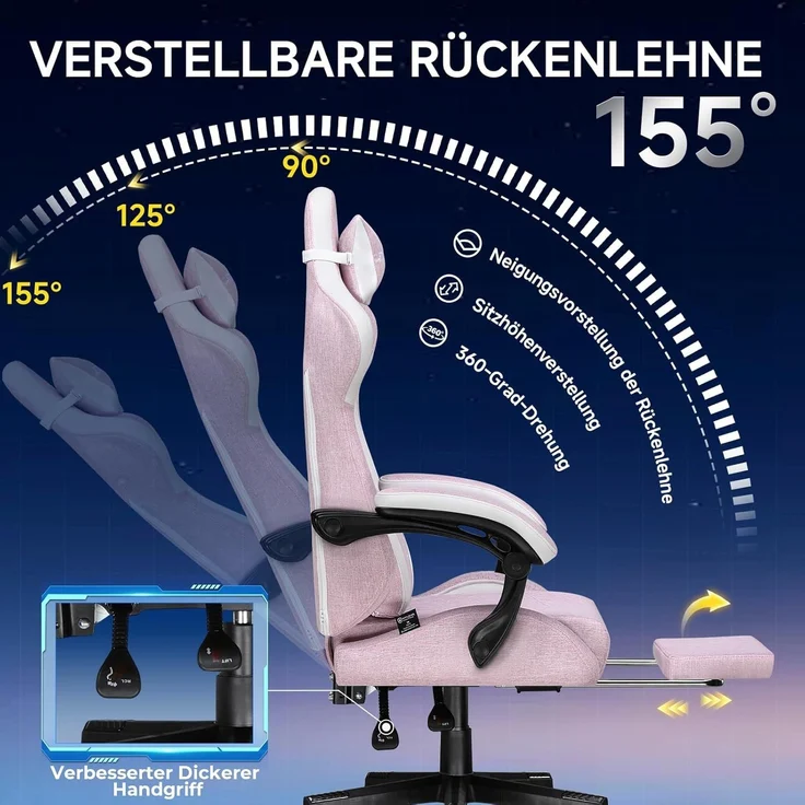 GTPLAYER Gaming-Stuhl Stoff Gaming Chair Ergonomisch Bürostuh PC Stuhl, 150kg Belastbarkeit, Schreibtischstuh mit Federsitzkissen und Fußstütze – Bild 6