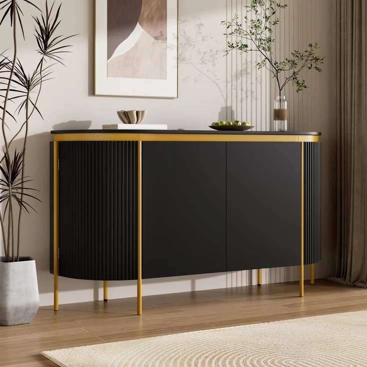 ZUBALIYA Sideboard 140x38x80 cm, mit 4 Türen, aus MDF, Schwarz – Bild 2
