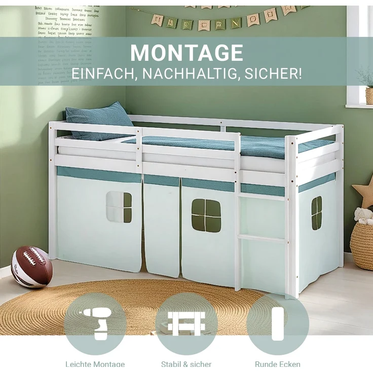 Hochbett Kinder 90x200 cm mit Matratze Kinderbett Kinderhochbett Stockbett Vorhang Grün Mintgrün Holz Massiv Lattenrost – Bild 5