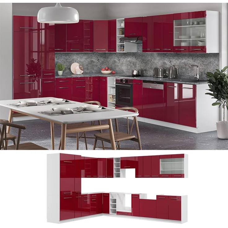 Eckküche Fame-Line Bordeaux Hochglanz/Weiß 347 x 257 cm, AP Anthrazit Vicco – Bild 2