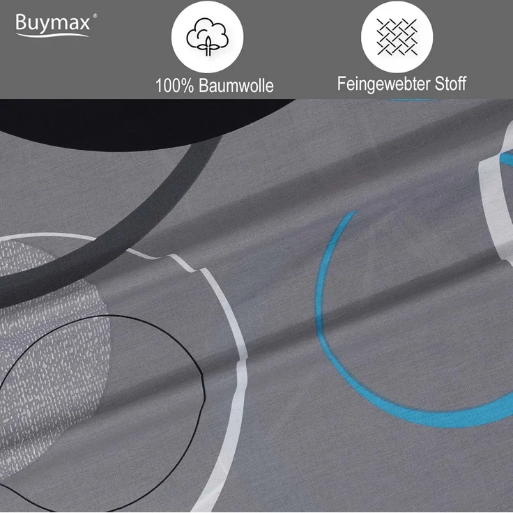 Buymax Bettwäsche Wave, Bettgarnitur, Bettbezug Set, Renforcé: 100% Baumwolle, 2 teilig, mit Reißverschluss, gemustert, Kreise, Grau, Türkis, 155x220 cm – Bild 4