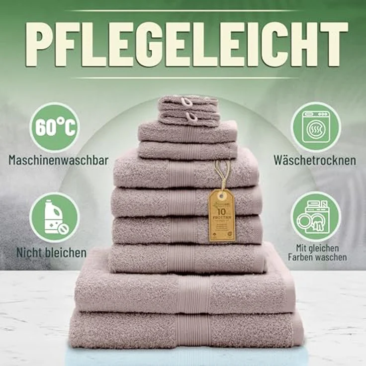 Green Mark Handtuch-Set mit 10 Teilen – 100% Baumwolle – 4 Handtücher 50×100 cm, 2 große Duschtücher 70×140 cm, 2 Gästetücher 30×50 cm und 2 Waschhandschuhe – Sand/Beige – Bild 9