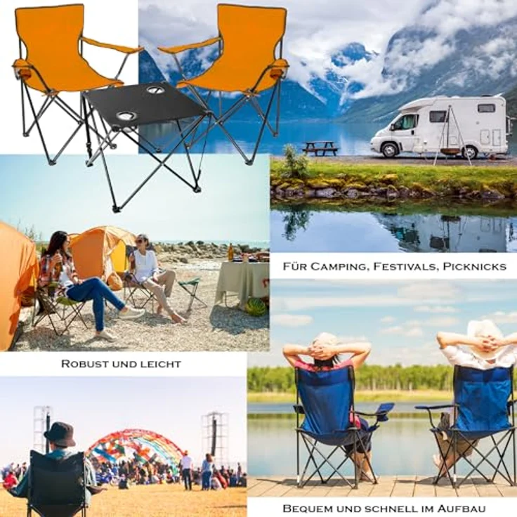 BigDean 2 Stück Campingstuhl mit Campingtisch faltbar – Faltstuhl in Neon Orange mit Getränkehalter & Tragetasche ideal für Camping, Festival & mehr – Bild 3