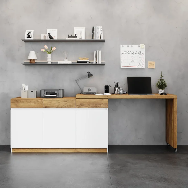 ZUBALIYA Schreibtisch mit feststellbaren Rollen – multifunktionales Design, 4 cm dickere, drehbare Tischplatte, fest arretierbar, weiß/Eiche, Faltbarer Schreibtisch, Eckschreibtisch, Sideboard,Dicke Materialie,Weiß Eiche – Bild 3