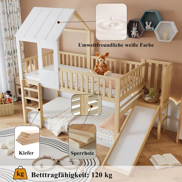 Merax Etagenbett mit rechtwinkliger Leiter und Rutsche, Hausbett mit Dach und Fenster, Kinderbett mit Fallschutz und Gitter, Rahmen aus Kiefer, Natur+Weiß (90x200cm) – Bild 6