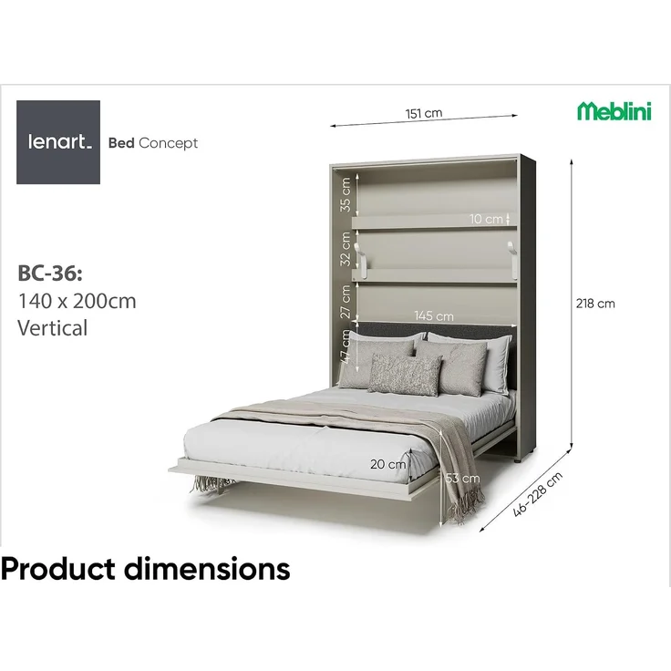 MEBLINI Elektrisches Schrankbett BC-36 - 140x200cm Vertikal - Kaschmir - Kopfteil Dunkelgrau ohne Matratze - Wandbett mit Lattenrost und Kopfteil - Wandklappbett – Bild 3