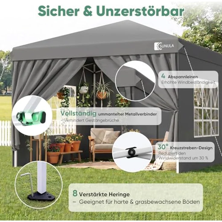 Sunula Pavillon 3x3m, wasserdicht und stabil, winterfest mit 4 Seitenwänden, Faltpavillon in Grau, für 6-8 Personen – Bild 5