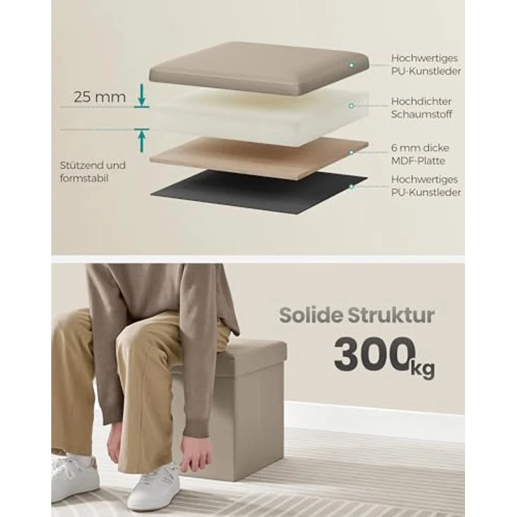 SONGMICS Sitzhocker 38 cm, Aufbewahrungsbox faltbar, Fußhocker mit Deckel, aus Kunstleder, bis 300 kg belastbar, für Eingang, Wohnzimmer, Schlafzimmer, Kamelbraun LSF010K03 – Bild 5