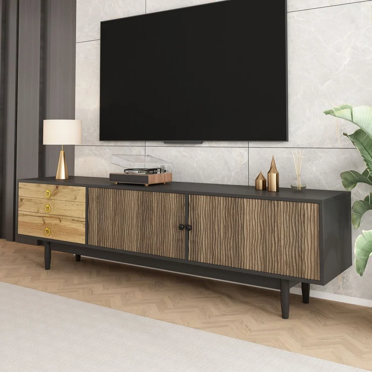 TV-Schrank 180 x 50 x 38 cm Schwarz Holz,Lowboard mit 2 Türen, 3 Schubladen, Wellenmuster, Massivholzbeinen – Bild 3