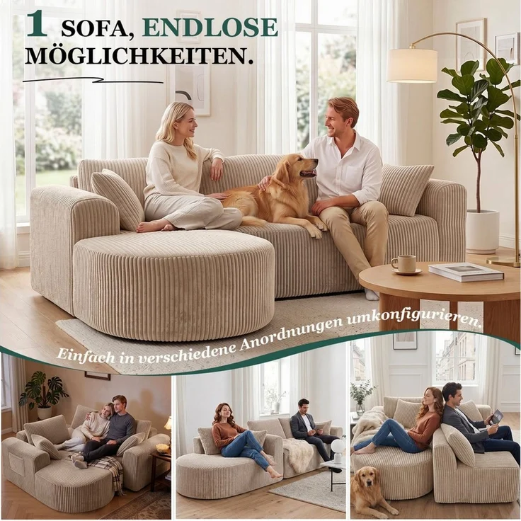 COMHOMA Sofa Ecksofa mit Schlaffunktion, Corduroy Modulares Boneless Couch, mit Chaiselongue, L-Form Schlafsofa, Sektionssofas mit Kissen & Seitentaschen – Bild 3