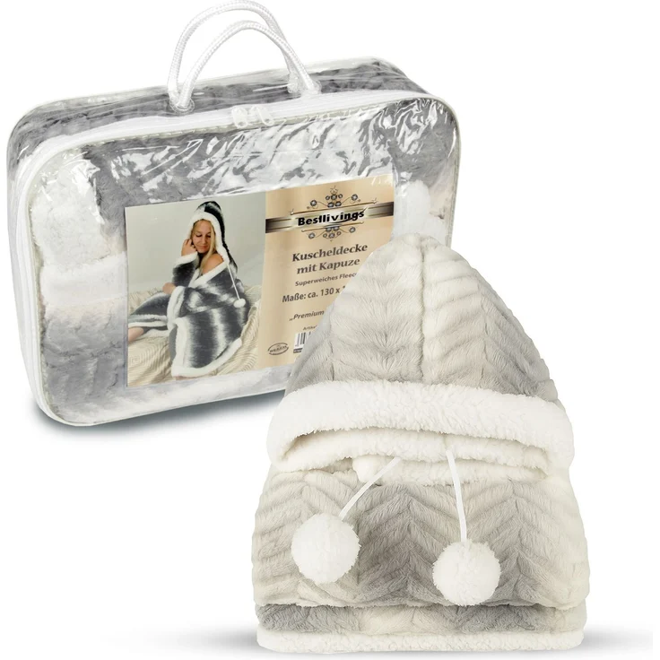 Bestlivings Kuscheldecke mit Kapuze 130 x 180 cm in Hellgrau für Kinder und Erwachsene, TV-Decke, Sherpa Decke in Felloptik – Bild 2