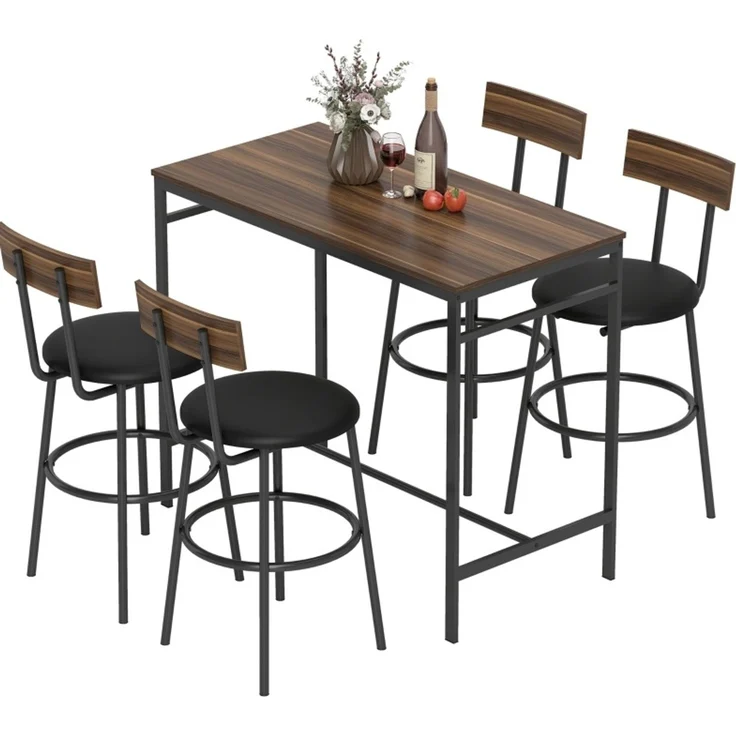 Bartisch-Set aus Holz, 5-teilig mit 4 gepolsterten Hockern, 110x55x90 cm, Braun – Bild 4