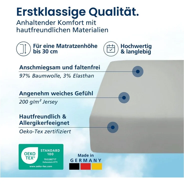 AM Qualitätsmatratzen Spannbettlaken Baumwolle in hellgrau, Bettlaken für Matratzen, Made in Germany, Baumwolle, Gummizug: rundum, (1 Stück), 100 x 200 x 30 – Bild 2