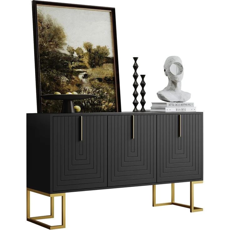 Merax Modernes 3-türiges Sideboard mit verstellbaren Regalen, U-förmigen Schranktüren und Metallgriffen und Sockel für Esszimmer und Küche (Schwarz) – Bild 10