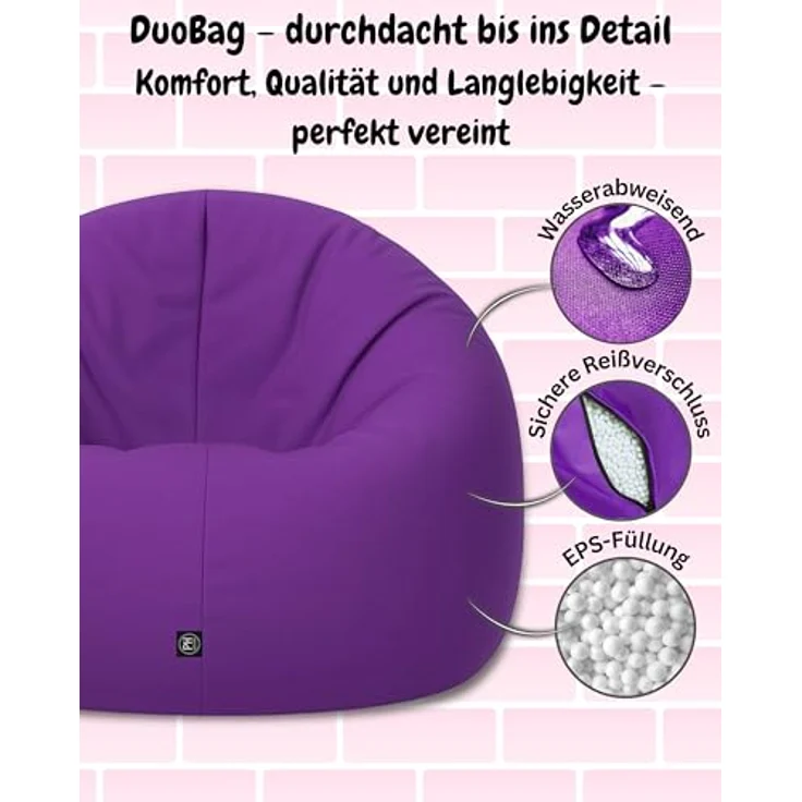 PATCH HOME 2-in-1 Sitzsack Sessel - Gaming Bean Bag mit Reißverschluss - Bereits befüllt, Ergonomisch & Robust für Kinder & Erwachsene - Indoor & Outdoor, Wetterfest (Lila, 155cm) – Bild 5