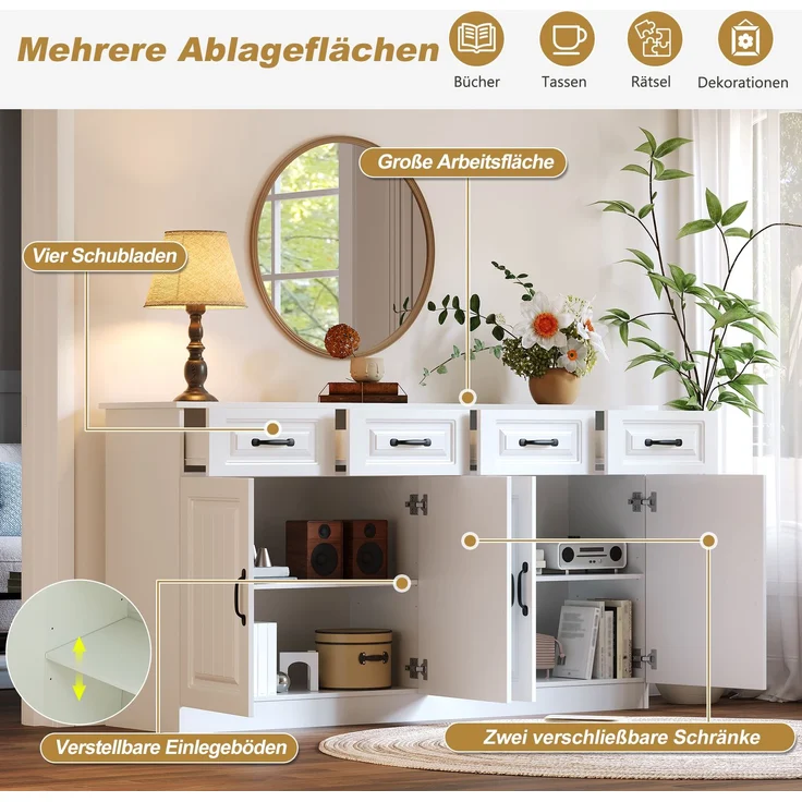Merax 160cm Weißes Sideboard, Kommode aus MDF mit 4 Schubladen und 4 Türen, 2 Ablageflächen, geriffeltem Design und 8 Metallgriffen – Bild 6