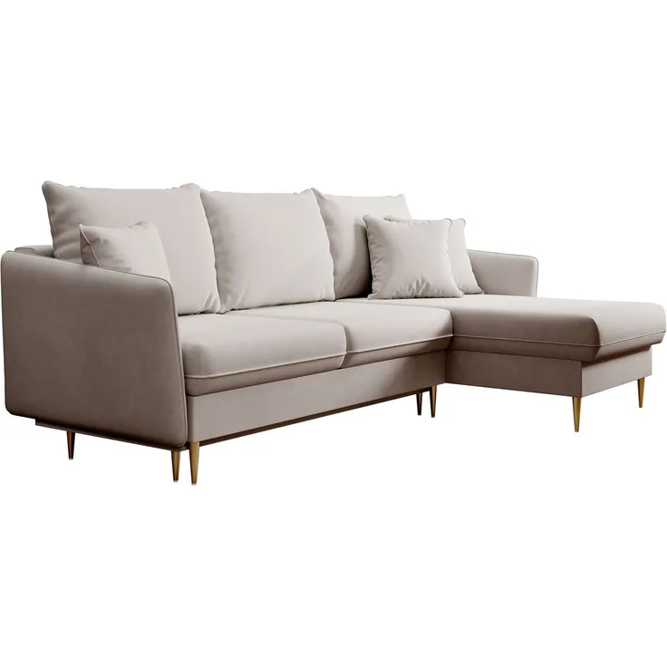 Selsey 'Volio' Ecksofa mit Schlaffunktion, Samt wasserabweisend, Goldene Beine, Beige