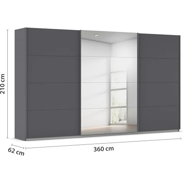Rauch Möbel Kulmbach, Kleiderschrank mit Schwebetüren für Schlafzimmer, Kinderzimmer, Jugendzimmer, Garderobe, Flur, 3-türig, mit Spiegel, Zubehör Basic, Farbe Grau metallic, Schwarz, Breite 360 cm – Bild 3