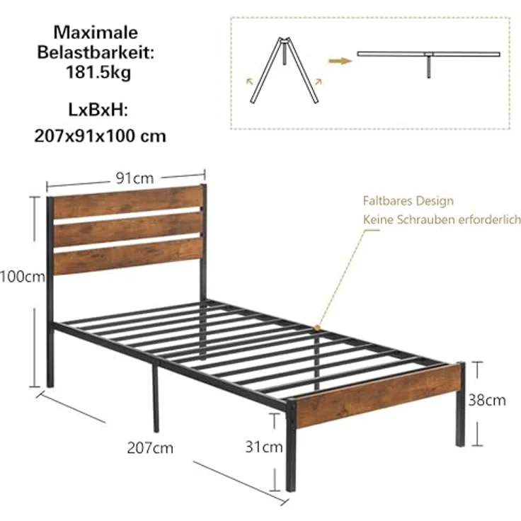 VECELO 2er-Set Bettgestelle 90x200 cm, Einzelbetten mit Holzkopfteil und Metall-Lattenrost, stabil und geräuschlos, mit 31 cm Stauraum, Industrial Design für Schlafzimmer, Braun – Bild 3