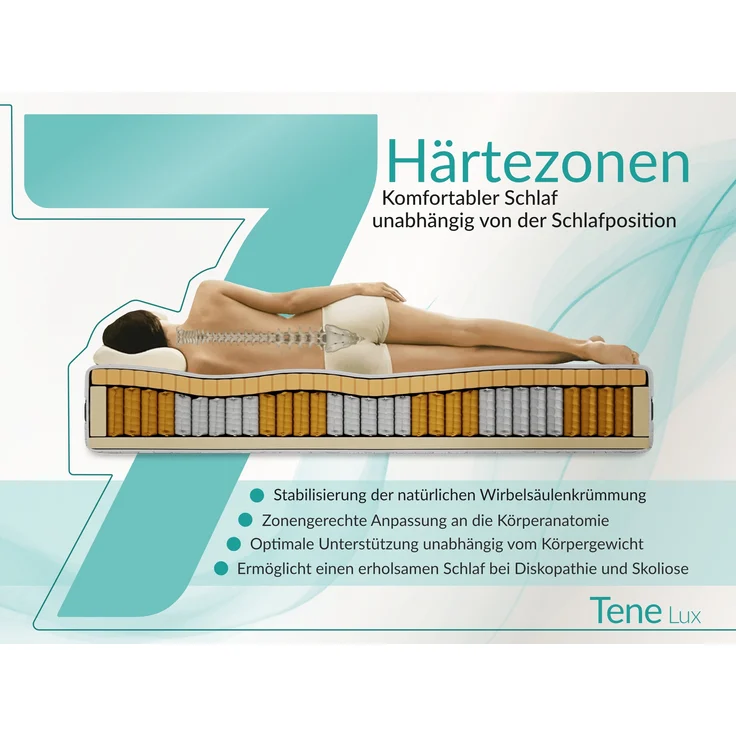 Taschenfederkernmatratze H3 – 7 Zonen Rollmatratze, abnehmbarer waschbarer Bezug, für Allergiker geeignet, Latex - 160 x 200 cm - TENE - LUX – Bild 4